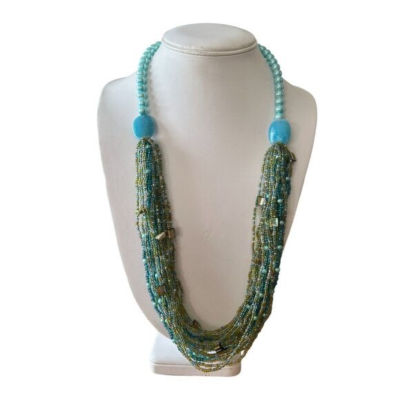 Multistrand Beaded Necklace Blue Green Glass Beads Boho Statement Jewelry - Picture 1 of 3